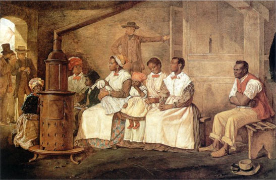 Group of African slaves sitting, waiting for sale, white men in background.
